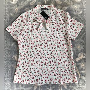 Allegra K Women's Bow Tie Neck Short Sleeve Floral Printed Chiffon Blouse
